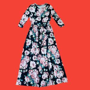 Floral Maxi Dress medium blue pink flowers, cotton stretch long sleeve dress